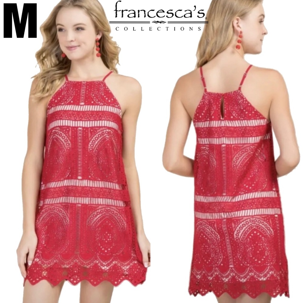NWOT Francesca’s Knit Lace Kali Eyelet Overlay Halter Shift Dress MEDIUM 8 10